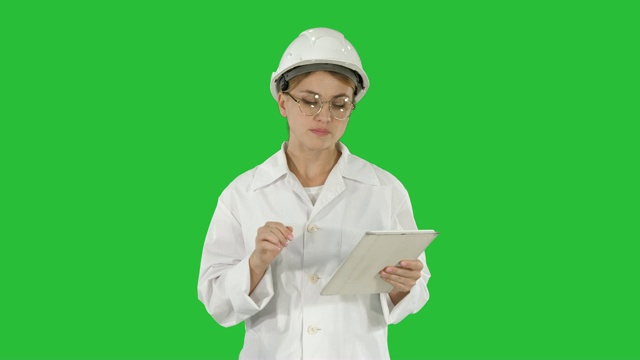 沉思，深思熟虑的年轻工程师与她的平板电脑上的绿色屏幕，色度键视频素材