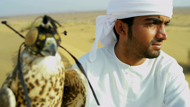 自豪的中东男性与训练猎鹰阿联酋视频素材