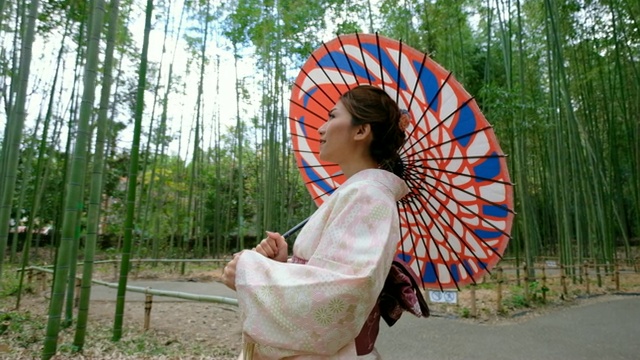 4K慢镜头特写:一名身穿和服的亚洲女子走过岚山竹林和佐野竹林。日本文化视频素材