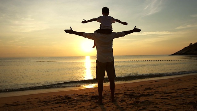 日出时，父亲和儿子站在海滩上，他们一起度过了宝贵的家庭时光。用慢镜头拍摄。视频素材