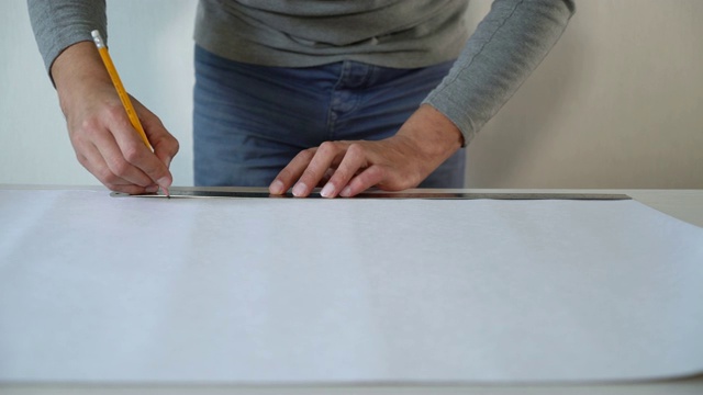 特写男性的手准备新的墙纸卷和在室内桌子上用铅笔和尺子做标记视频素材