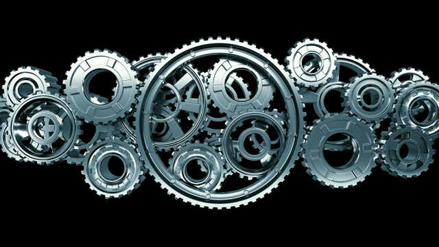 大金属齿轮转动的工作机构。美丽的循环3d动画与阿尔法磨光。抽象的工作过程。团队合作的商业和技术理念。视频素材