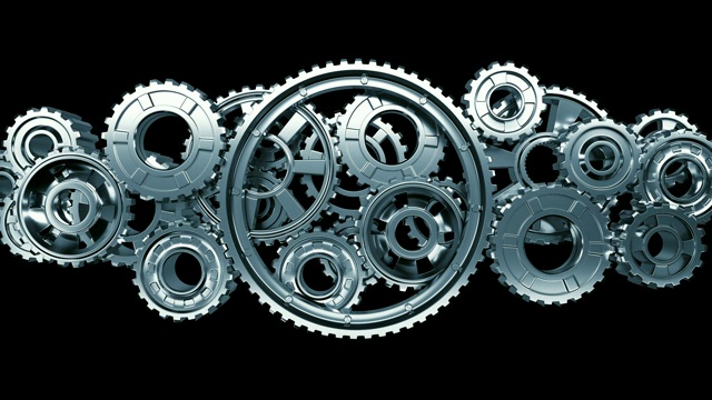 工作机构中大型金属齿轮的无缝转动。美丽的循环3d动画与阿尔法磨光。抽象的工作过程。团队合作的商业和技术理念。视频素材