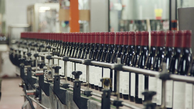 酒瓶生产线。葡萄酒装瓶工艺线。生产玻璃酒瓶。视频素材