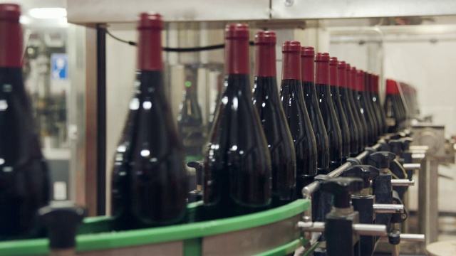 酒瓶生产线。葡萄酒装瓶工艺线。生产玻璃酒瓶。视频素材