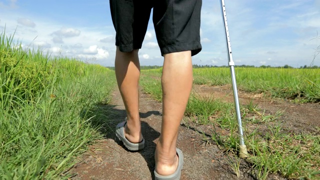亚洲老年男性拄着拐杖行走在大自然中，理念健康视频素材