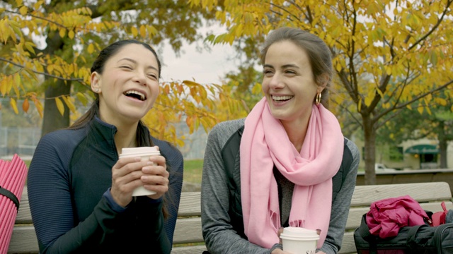 成年女性朋友在公园长椅上喝咖啡视频下载