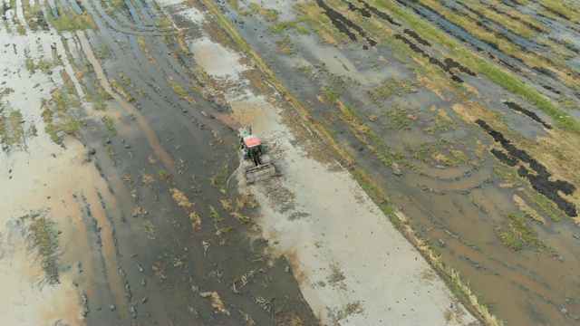 无人机拍摄的鸟瞰图是拖拉机正在铲地的稻田农场视频素材