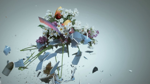 花瓶上的假花在超级慢镜头中碎裂视频下载
