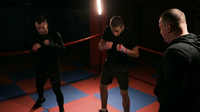 教练训练两个踢腿拳击手视频下载