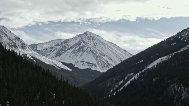无人机拍摄的积雪覆盖的山脉在科罗拉多州的落基山脉下，部分多云但晴朗的冬季天空视频下载