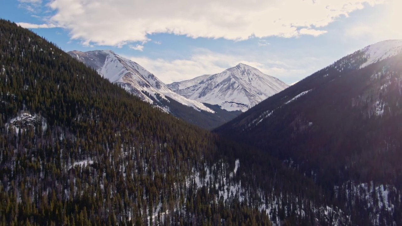 无人机拍摄的积雪覆盖的山脉在科罗拉多州的落基山脉下，部分多云但晴朗的冬季天空视频素材