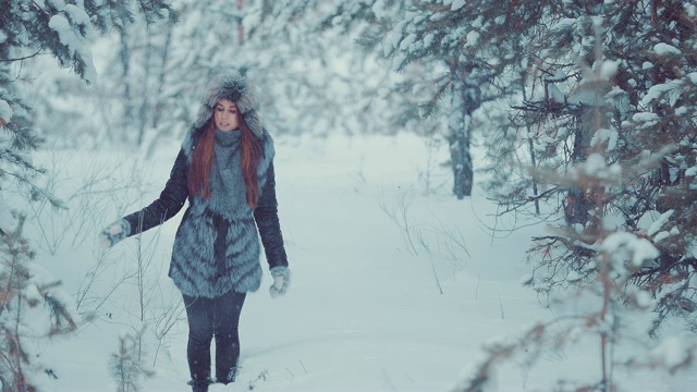 美丽的女孩走过森林中的积雪。美丽的风景，雪白的树木。视频下载