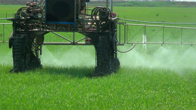 在稻田里喷洒农药的机械视频下载