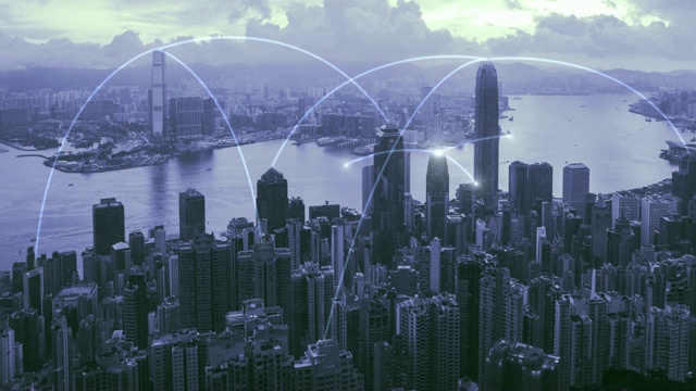 4k分辨率网络连接概念与蓝色调香港城市景观视频素材