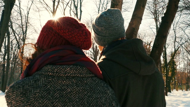 一对浪漫的情侣在冬天的公园散步。视频下载