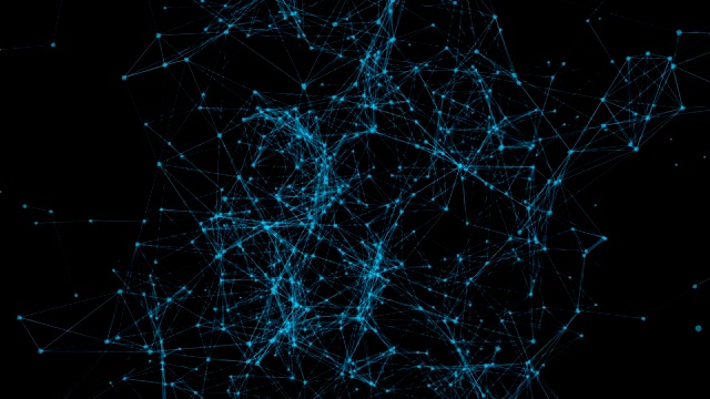 蓝色数字计算机数据和网络连接三角形线和球体的未来技术概念在黑色的背景。抽象平面设计插图视频下载