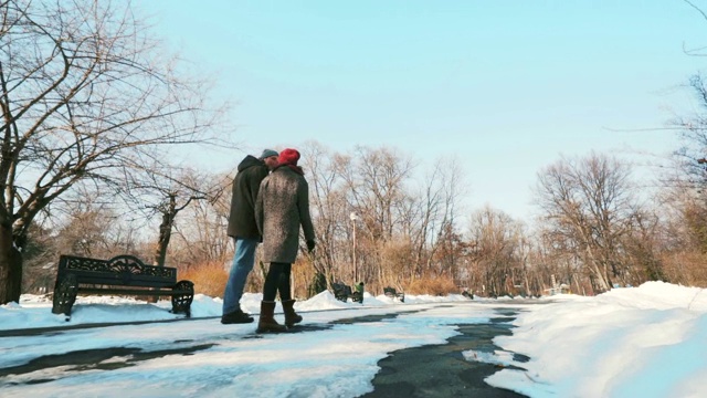 年轻夫妇在冬天在公园散步。视频下载