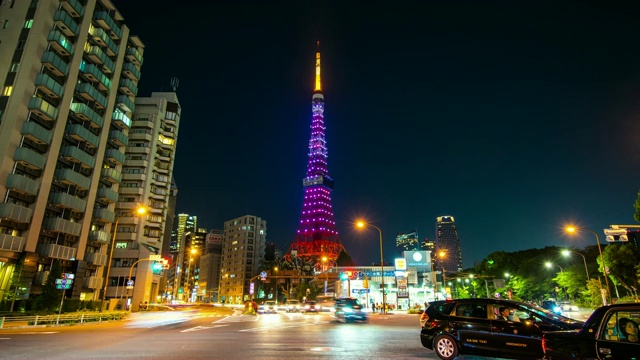 东京塔和交通，东京塔的钻石面纱灯，时间流逝视频视频素材