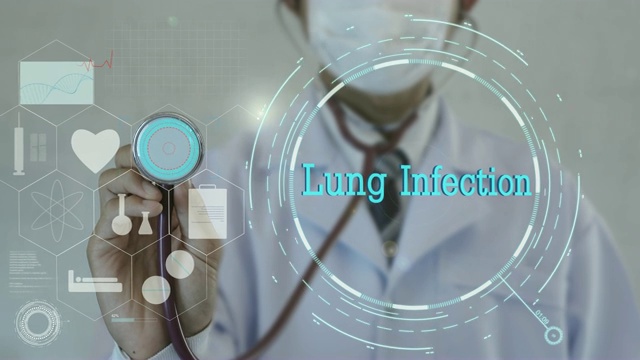 肺部感染。医生使用听诊器的医学背景。未来的技术。数据全息图健康概念。视频下载