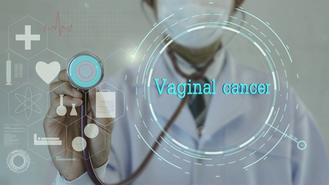 阴道癌。医生使用听诊器的医学背景。未来的技术。数据全息图健康概念。视频下载