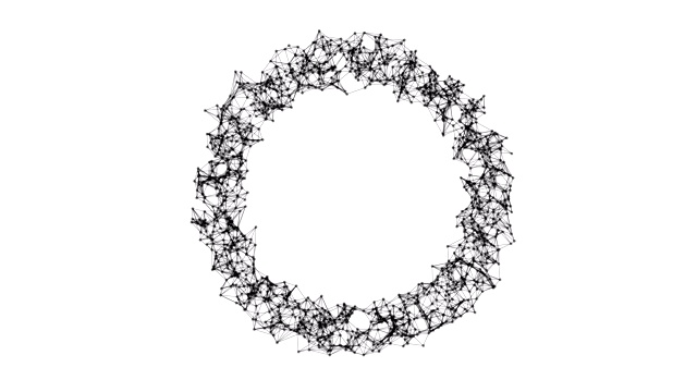 带孔的甜甜圈形状。球体结构与网络连接线和点孤立在白色背景的未来数字计算机技术概念，三维抽象插图视频素材