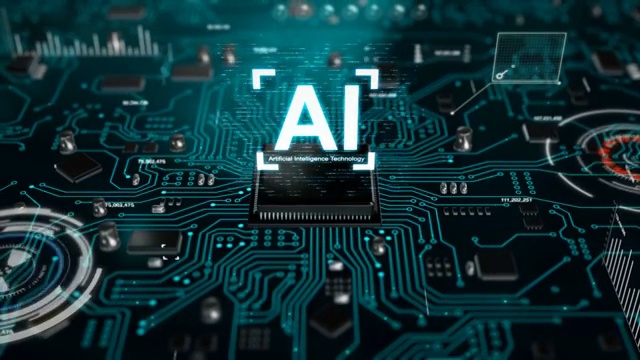 3D渲染AI人工智能技术CPU中央处理器单元芯片组上的印刷电路板为电子和技术概念选择焦点浅景深与暗纹加工视频下载
