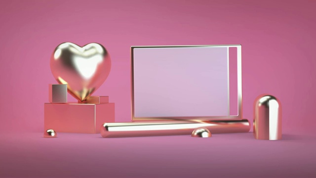 粉色抽象与黄金心背景3d渲染，拷贝空间，情人节。视频下载