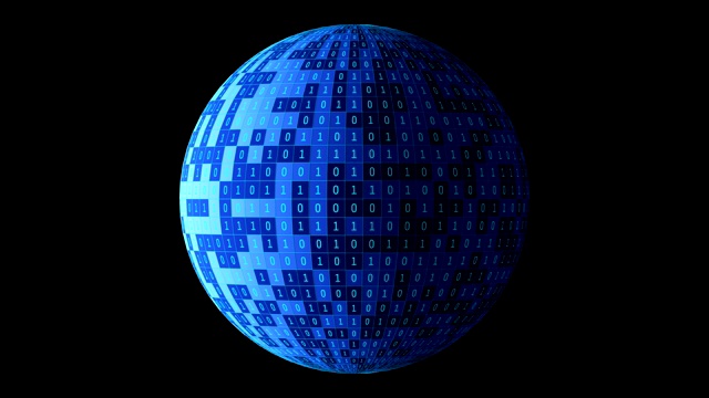 01或二进制数球或球孤立在黑色。计算机屏幕上的监视器矩阵背景，数字数据代码在黑客或安全技术概念。3 d抽象插图视频素材