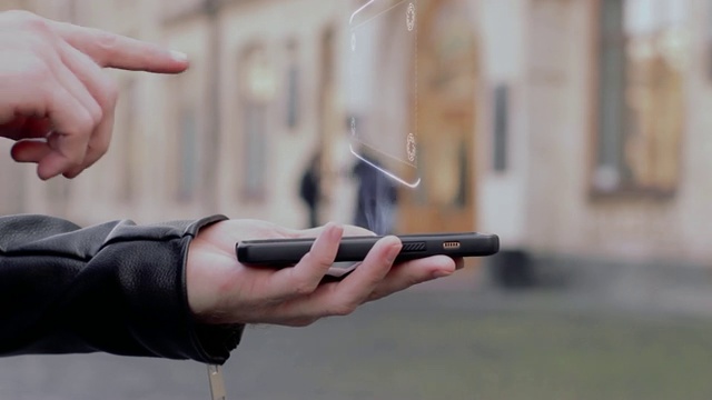 男性双手显示在智能手机HUD全息图飞机概念视频下载