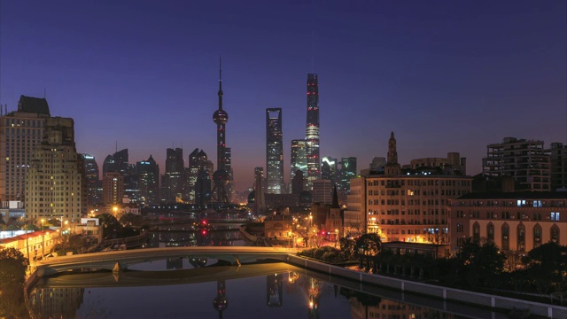 上海天际线和城市景观在日出时的4K时间间隔(从夜晚到白天)视频下载