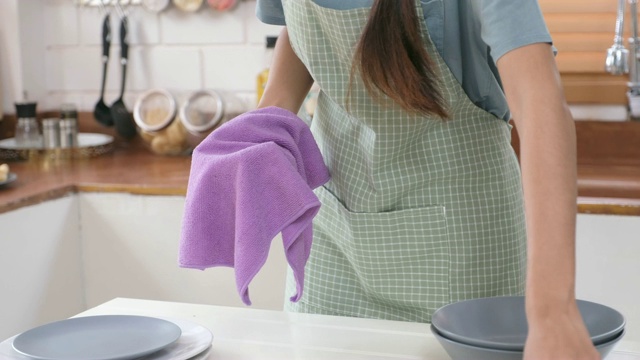 女人在家庭厨房里用抹布手洗盘子，生活方式视频素材