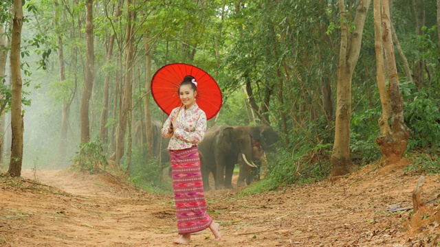 肖像迷人的亚洲妇女在传统东南亚服装看相机和微笑在自然的背景。视频素材