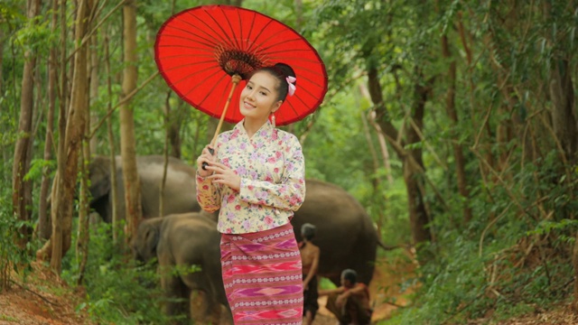 肖像迷人的亚洲妇女在传统东南亚服装看相机和微笑在自然的背景。视频素材