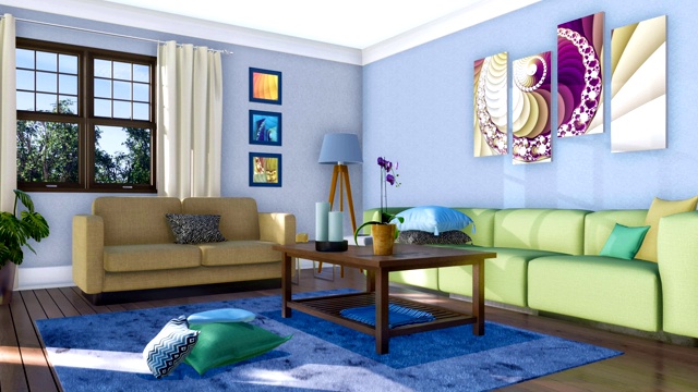沙发在明亮的现代客厅室内3D动画视频下载