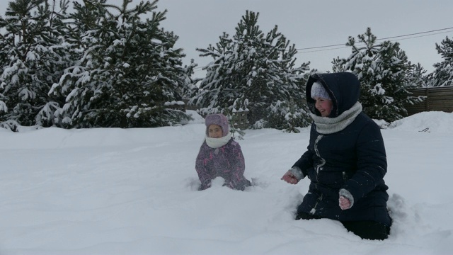 快乐的女孩在雪地里嬉戏。把雪。背景是松树和木栅栏。视频下载