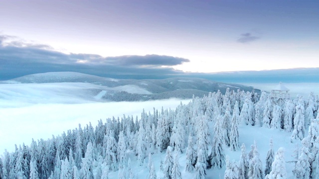 美丽的冬季空中飞行越过这座山视频素材