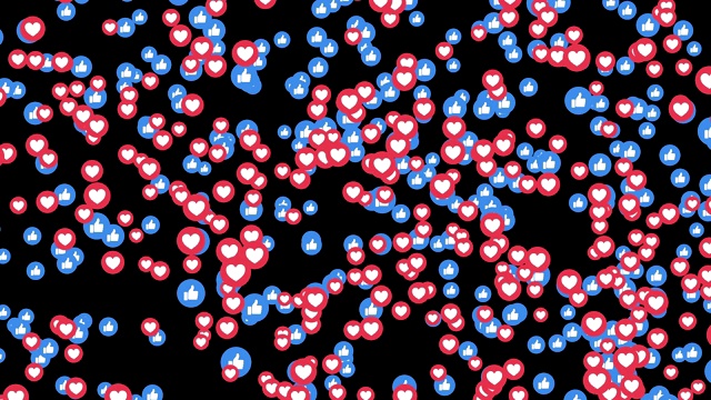 喜欢，拇指向上，蓝色图标，心在Facebook直播视频孤立的黑色背景。社交媒体网络营销。应用程序的广告。3 d抽象插图视频素材
