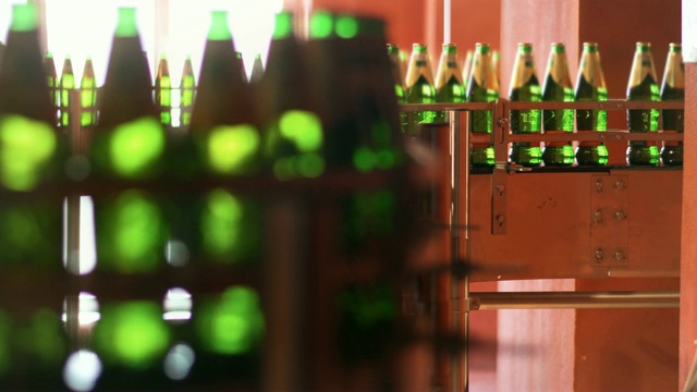 绿色玻璃瓶的自动化生产线。工厂啤酒包装生产线视频素材