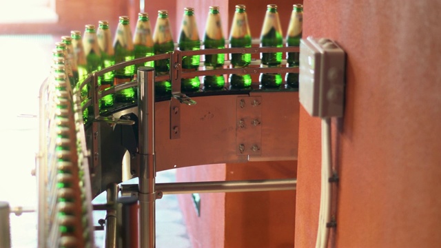 绿色的瓶子在传送带上。啤酒厂装瓶机工作视频素材