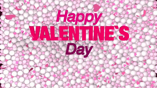 贺卡上写着“情人节快乐”，上面有很多白色和粉色的球，同时还有粉色的心视频素材
