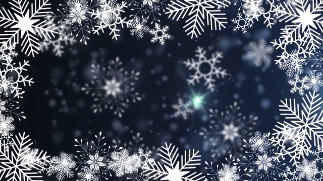 美丽的雪花旋转在蓝色背景镜头光晕散焦视频素材