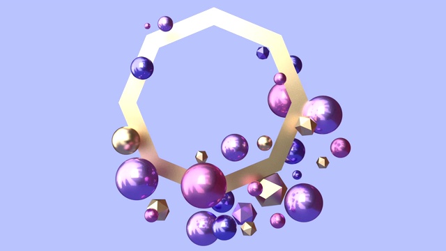 漂浮/悬浮紫色场景几何金属光泽形状纹理金色框架三维渲染运动图形视频素材