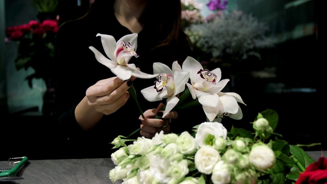 专业花匠在花店工作，准备兰花和白玫瑰为花束，女人的双手特写。视频素材