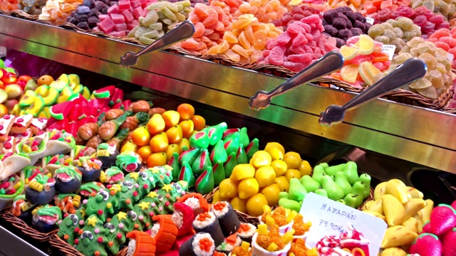 巴塞罗那拉波奎拉市场的糖果店视频下载