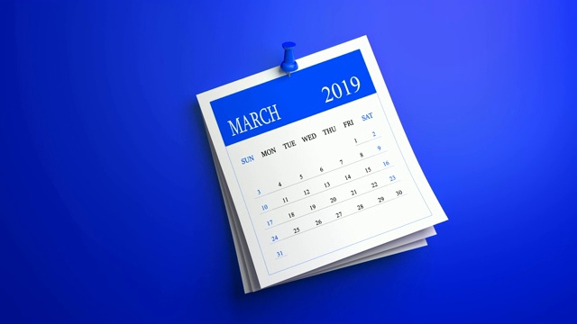 可循环挥动2019年3月日历在蓝色背景视频素材