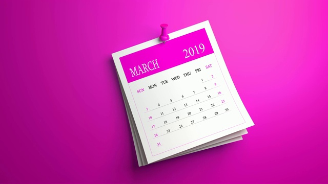 可循环的挥舞2019年3月日历在粉红色的背景视频下载