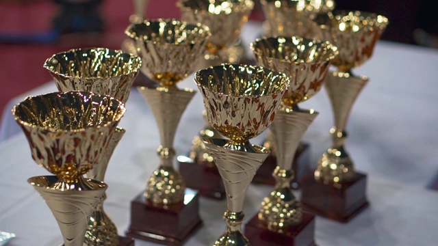 为获奖者颁发大量的冠军奖杯和金杯视频下载