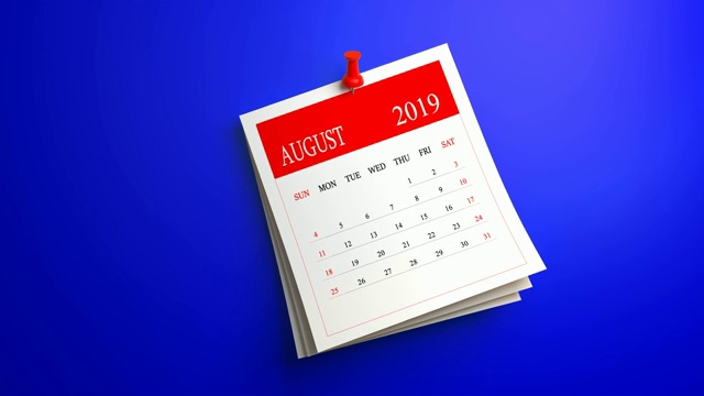 可循环的摆动8月日历2019年在蓝色背景视频素材