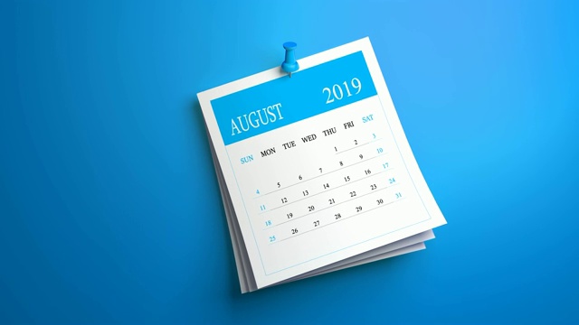可循环的摆动8月日历2019年在蓝色背景视频素材